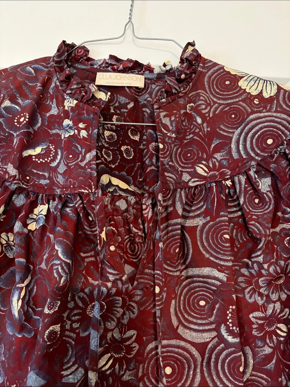 Ulla Maroon Floral Ruffle-Trim Women’s Blouse